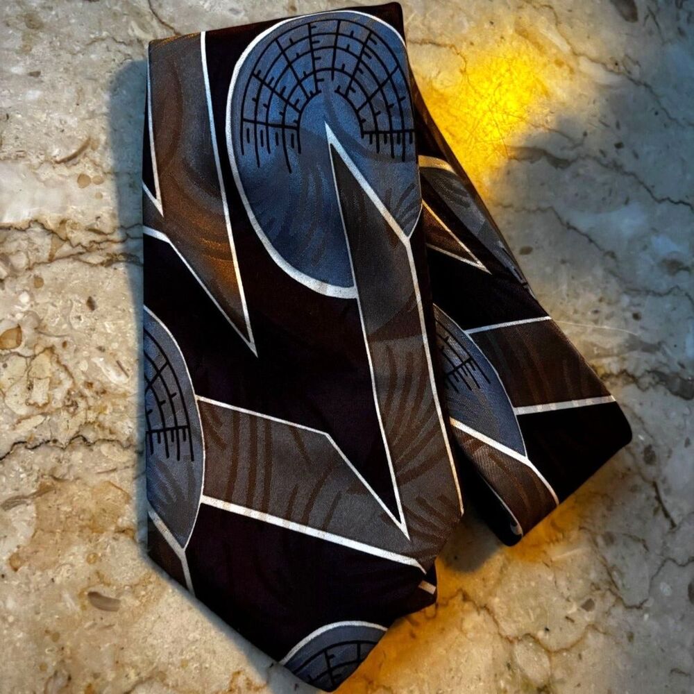 Vintage Mens Eláan Tie Maroon/Tan/Grey-Blue Geometric Shapes Excellent Condition